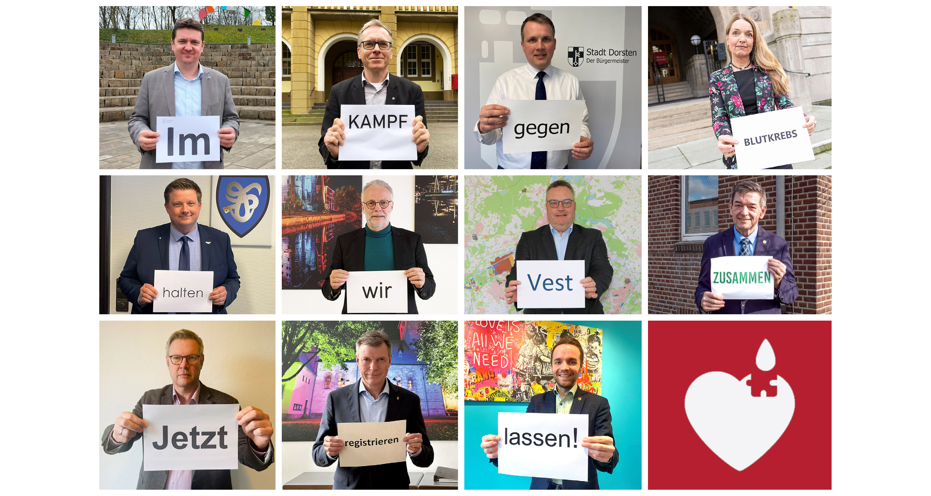 Das Bild zeigt die Bürgermeister des Kreises und den Landrat, die alle einen Zettel hochhalten, der zusammen den Satz ergibt: "Im Kampf gegen Blutkrebs halten wir Vest zusammen. Jetzt registrieren lassen"
