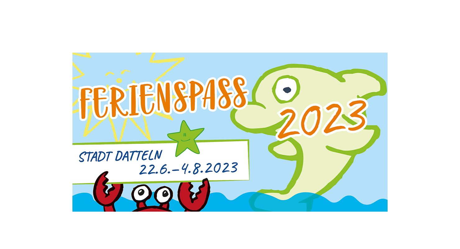 Titelbild des Ferienspaßprogramms 2023 - mit einem gezeichneten Delphin und einer gezeichneten Krabbe