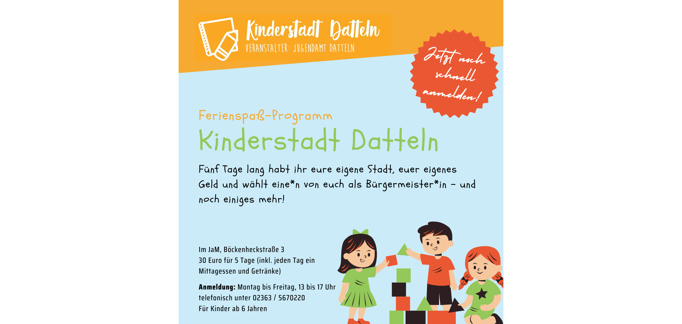 Bild mit Kindern, die mit Bauklötzen spielen und Infos zur Kinderstadt, die auch im Text stehen.