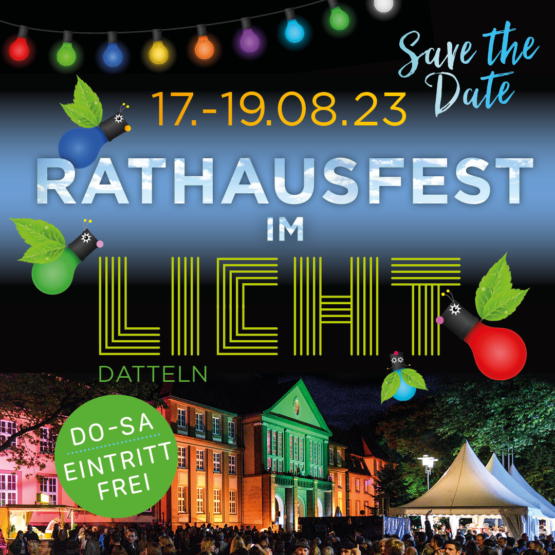 Vorankündigung für das Rathausfest im Licht - mit einer Lampionkette und dem angestrahlten Dattelner Rathaus
