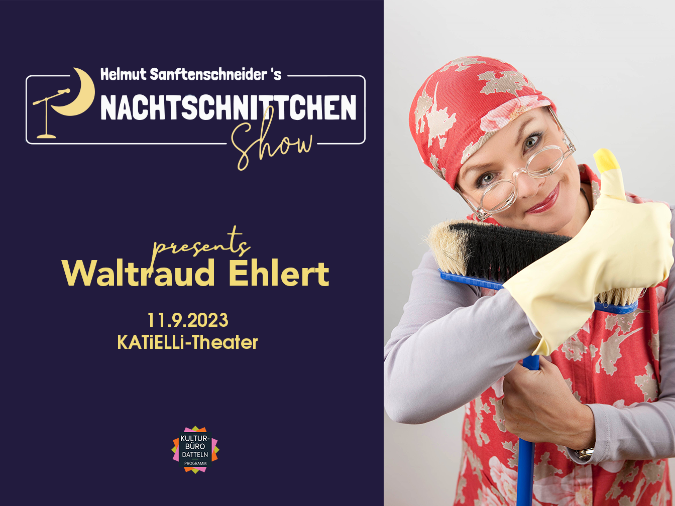 Waltraud Ehlert als Reinigungskraft mit einem Schrubber in der Hand. Ansonsten enthält das Bild Infos zur Veranstaltung, die auch im Ankündigungstext zu finden sind.