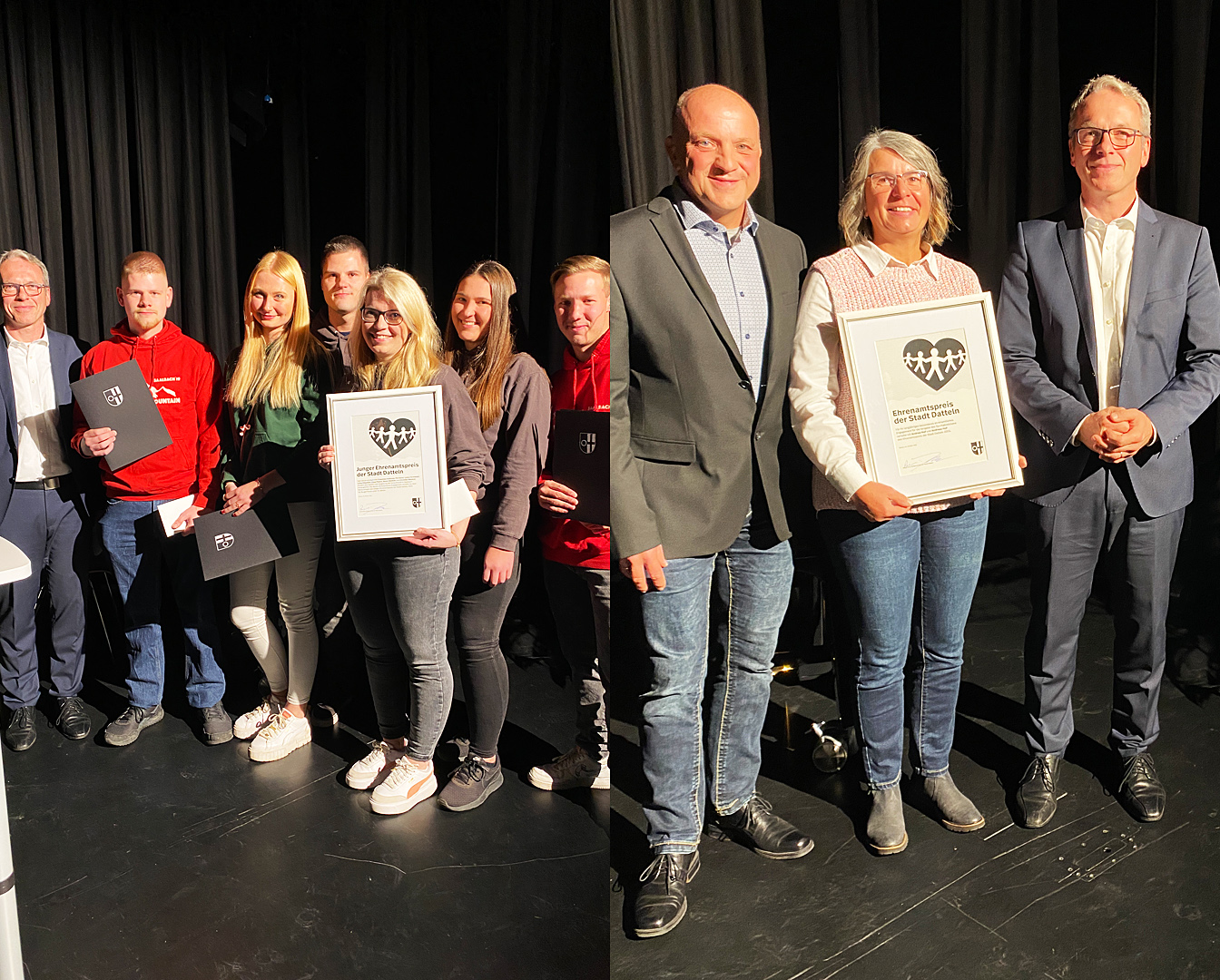 Links ist Bürgermeister André Dora mit den Gewinner*innen des jungen Ehrenamtspreises zu sehen - dem Saalbach-Betreuerteam; auf dem rechten Bild ist André Dora mit Andreas und Andrea Hof zu sehen. 