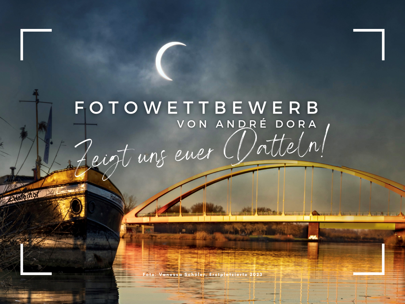 Abendlicher Dattelner-Meer-Bogen mit Schiff im Vordergrund und Hinweisen auf den Fotowettbewerb 2024