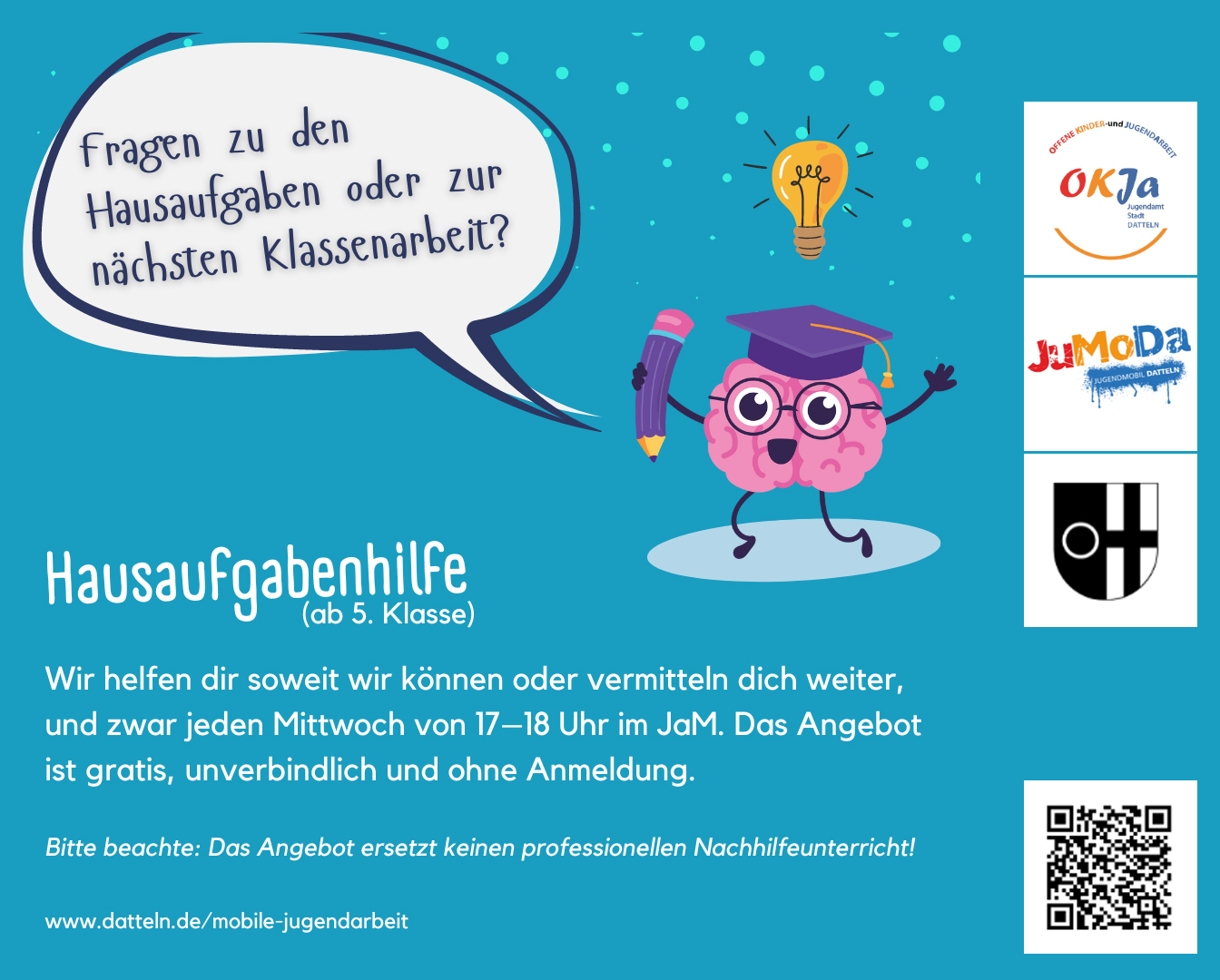 Infos zur Hausaufgabenhilfe der Teams der Jugendarbeit mit Logos der offenen Kinder- und Jugendarbeit, der Mobilen Jugendarbeit, außerdem das Wappen der Stadt Datteln und ein QR-Code, der auf die Instagramseite der  Mobilen Jugendarbeit verweist.