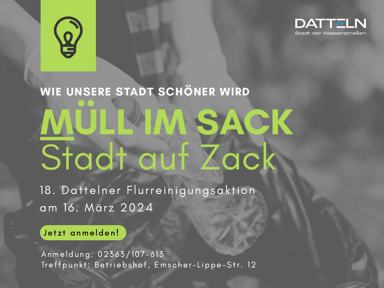 Im Hintergrund sind drei Mülltonnen zu sehen. Außerdem gibt es textliche Hinweise auf die KSD-Aktion "Müll im Sack - Stadt auf Zack", die am 16. März 2024 stattfindet. 