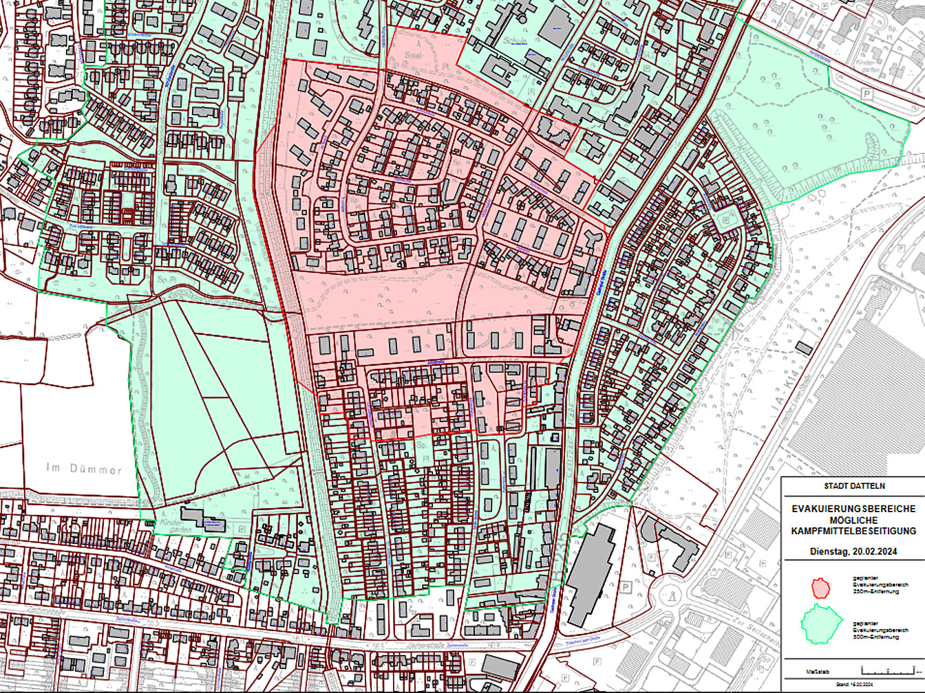 Karte mit den Evakuierungsbereichen bei einer möglichen Blindgängerentschärfung
