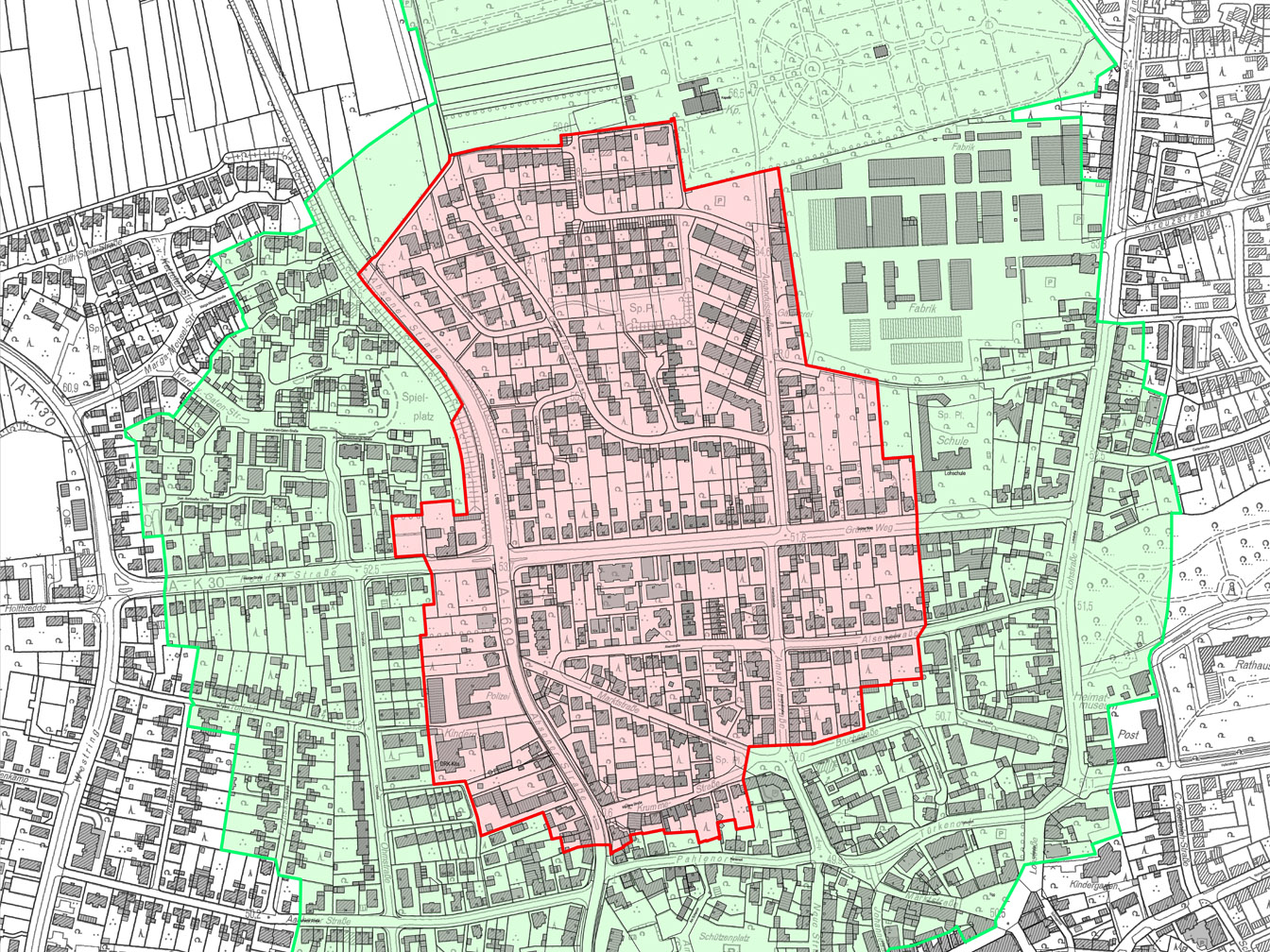 Mögliche Evakierungsbereiche am Grünen Weg bei einer möglichen Blindgängerentschärfung 