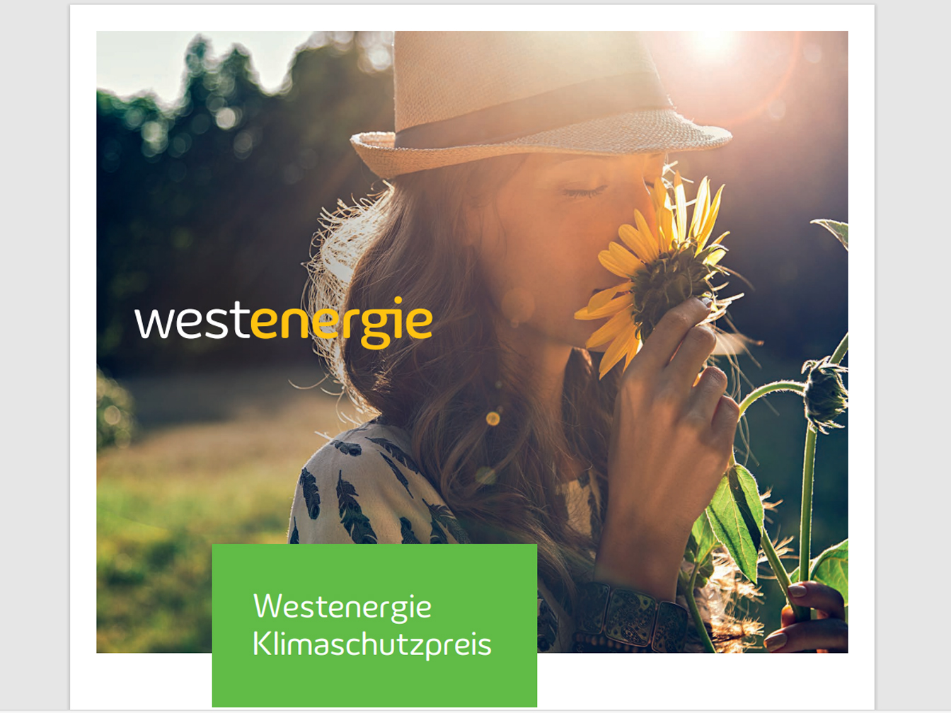 Hinweis zum Westenergie-Klimaschutzpreis mit einer Frau mit Hut, die an einer Sonnenblume riecht.