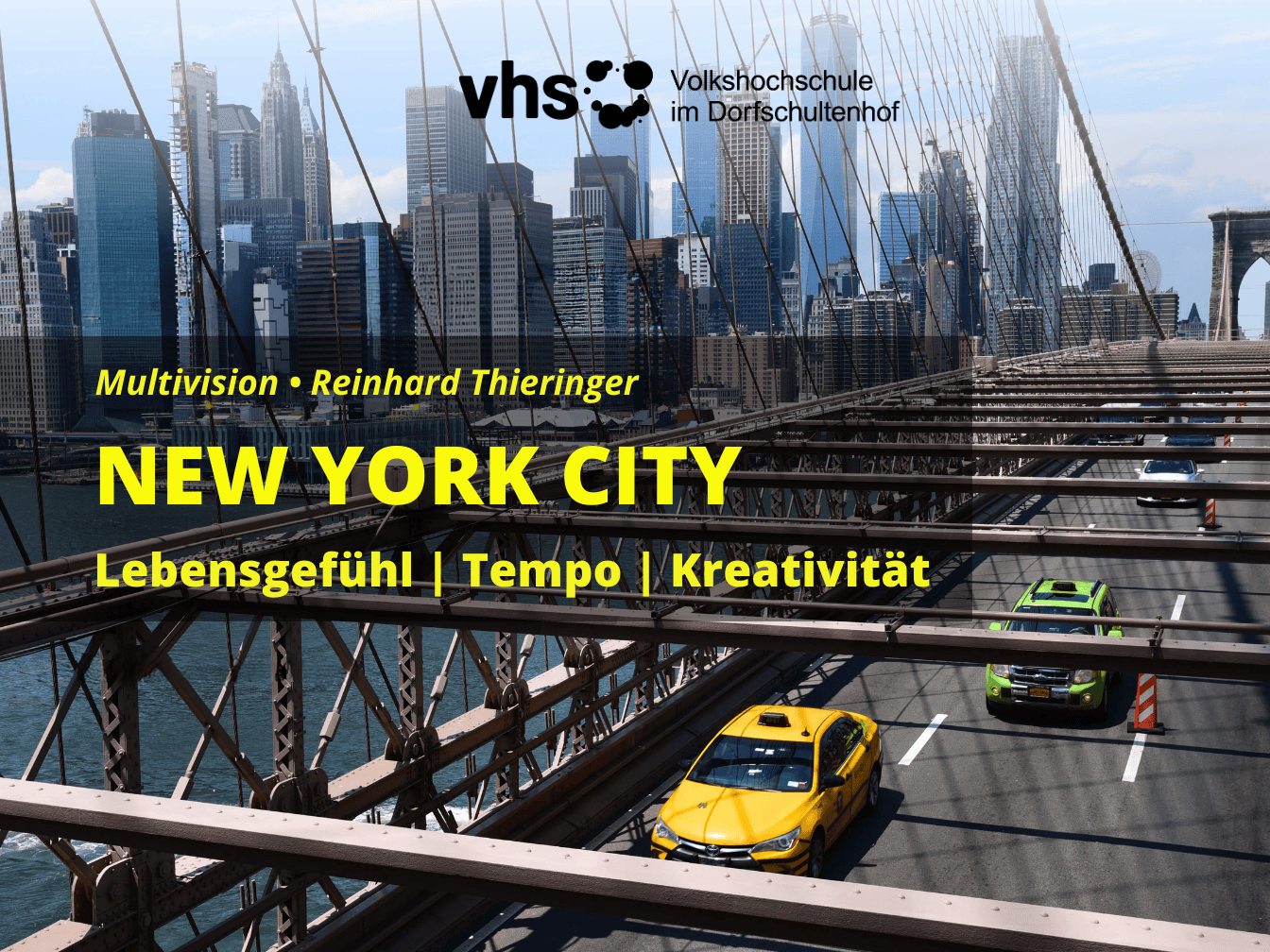 Hinweis auf VHS-Multivisionsschau "New York" im Bücherwurm