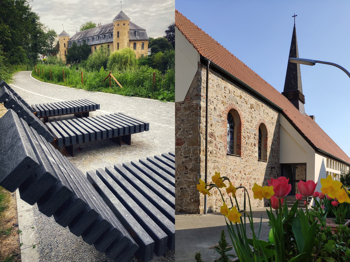 Das Bild zeigt links das Schloss Horneburg und links die Kirche St. Marien in Ahsen