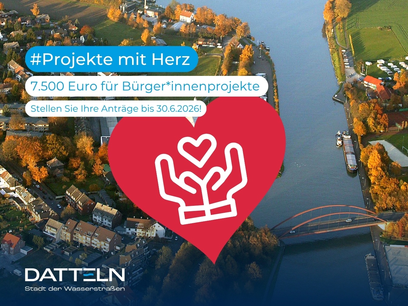 Hinweisbild auf das Bürger*innen-Budget. Vorne ein rotes Herz mit stilisierten Händen, die ein weißes Herz tragen und im Hintergrund das Dattelner Meer. 