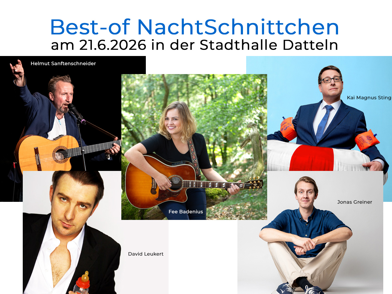 Das Bild ist eine Collage mit Bildern von Helmut Sanftenschneider, : Fee Badenius, Jonas Greiner und David Leukert und Kai Magnus Sting 