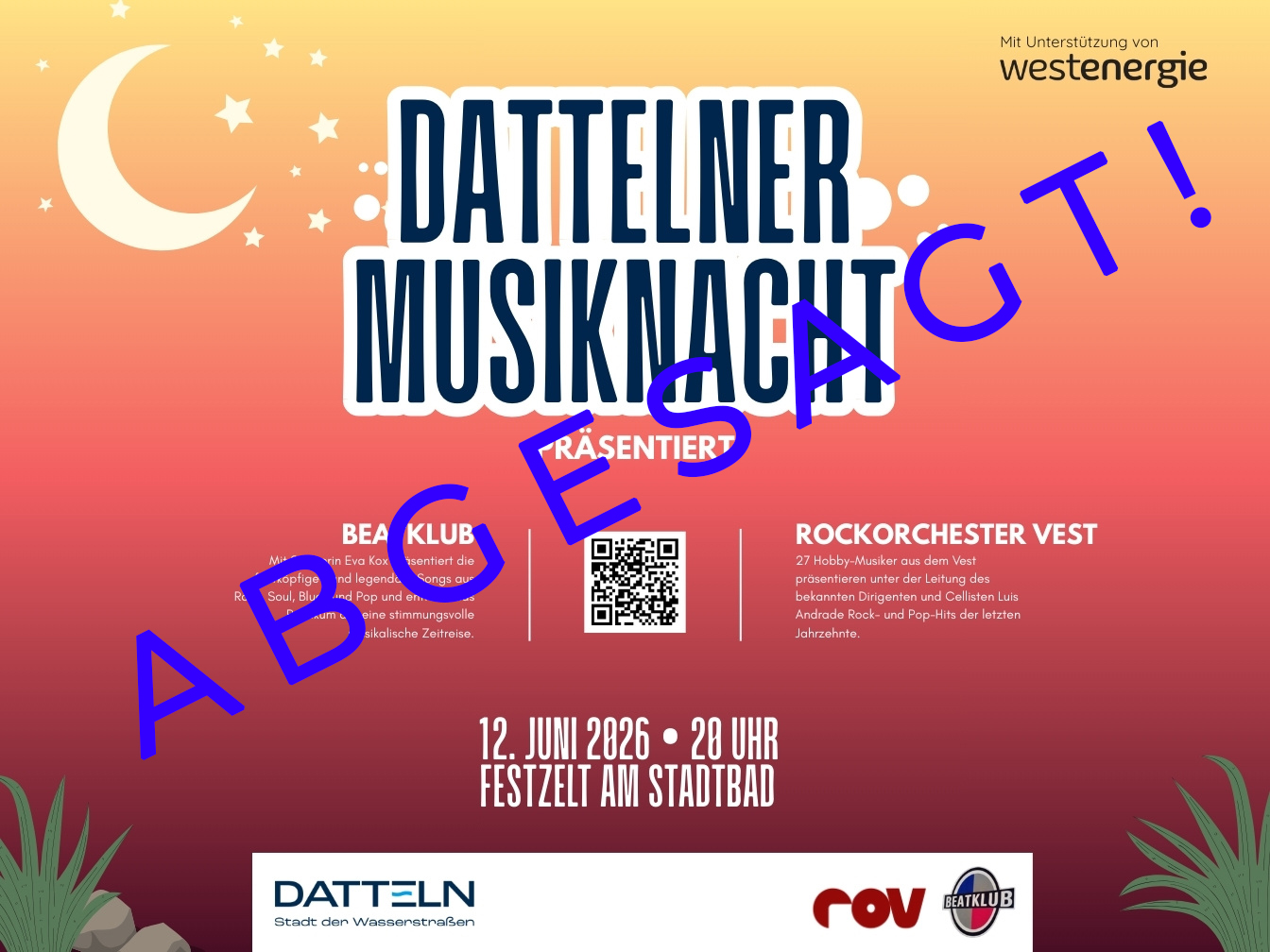 Hinweis auf die Dattelner Musiknacht 2026 mit Zusatz "ABGESAGT!"