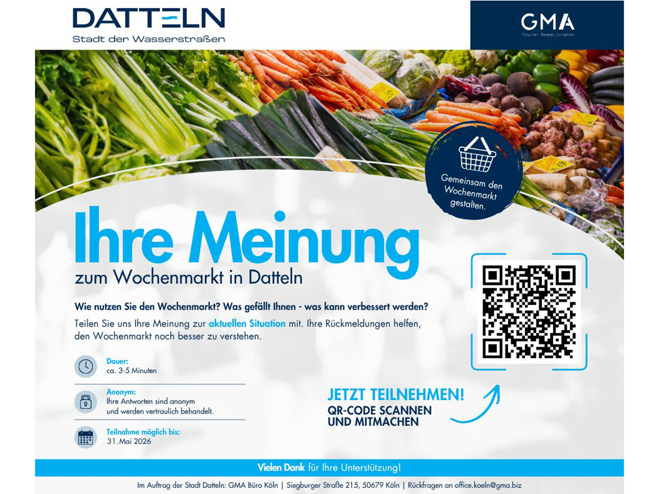 Hinweis auf Online-Umfrage zum Wochenmarkt - unter anderem mit QR-Code