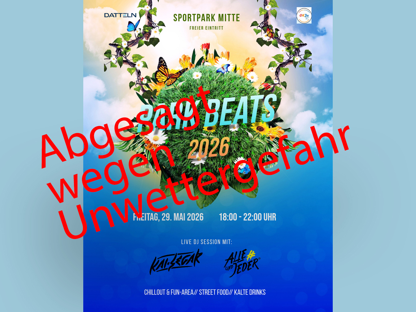 Flyer für ParkBeats mit dem Hinweis, dass die Veranstaltung wegen Unwettergefahr abgesagt wird