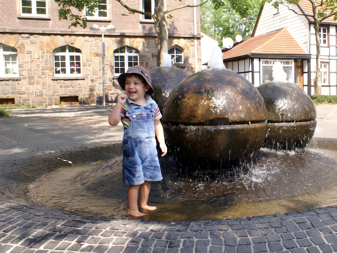 Kind am Tigg-Brunnen - Hinweis: Das Gesicht wurde mit KI geändert