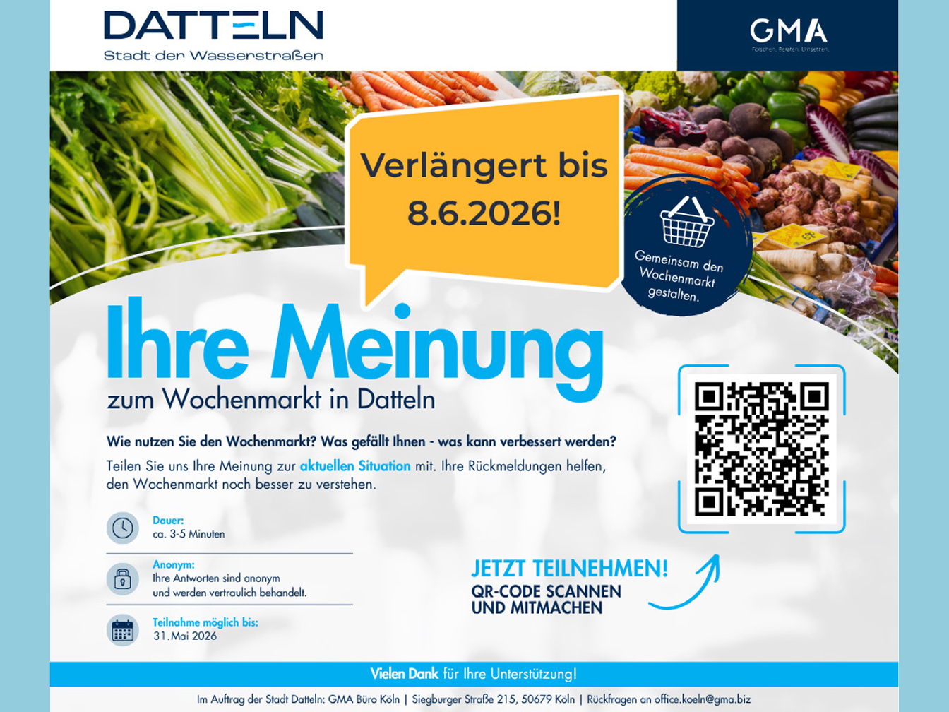 Hinweis auf Umfrage zum Wochenmarkt