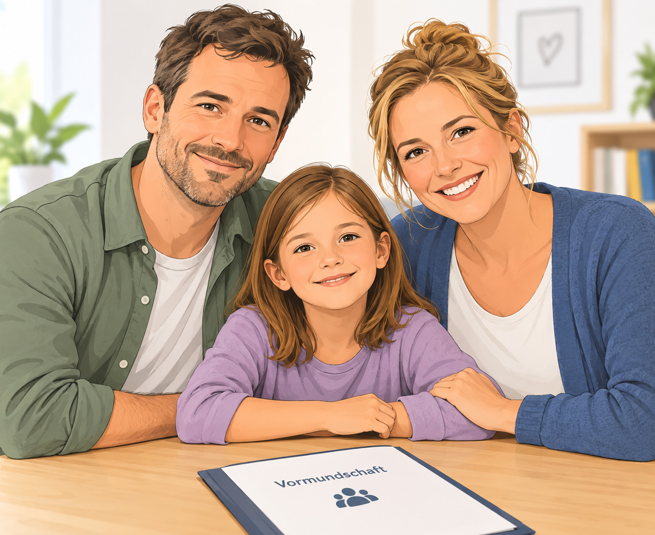 Auf dieser Illustration sieht man eine Frau und einen Mann, die ein Kind in ihrer Mitte haben. 