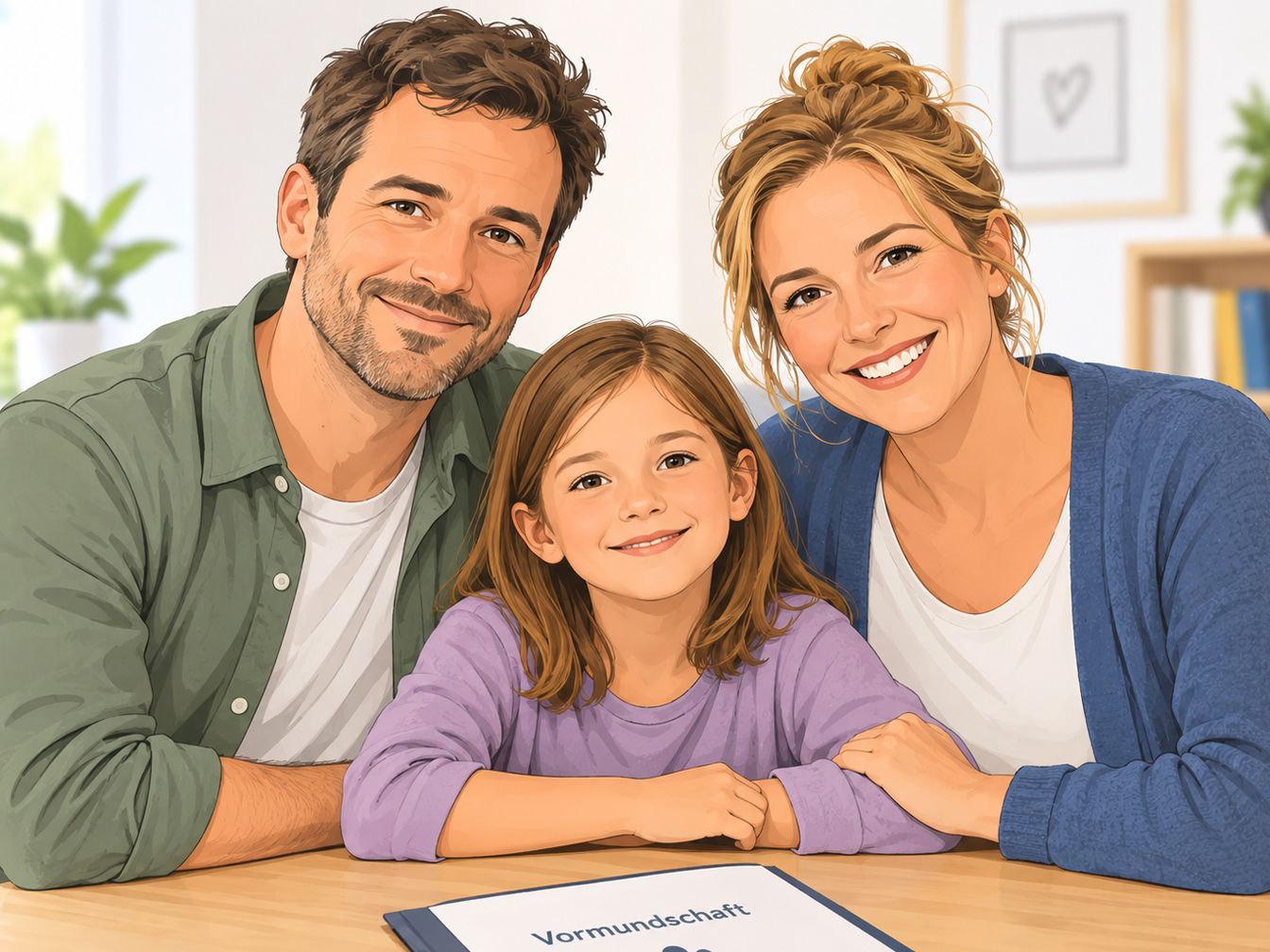 Auf dieser Illustration sieht man eine Frau und einen Mann, die ein Kind in ihrer Mitte haben. 