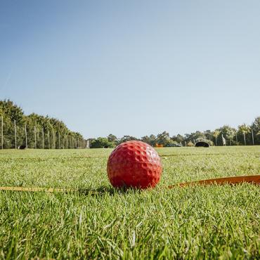 Das Bild zeigt einen roten Golfball auf grünen Rasen.