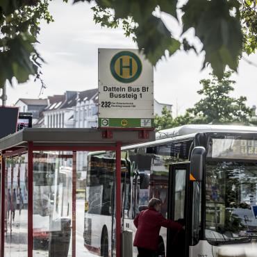 Das Bild zeigt einen an der Haltestelle stehenden Bus.