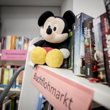 Das Bild zeigt Bücher aus dem Buchflohmarkt und eine Mickey Maus.