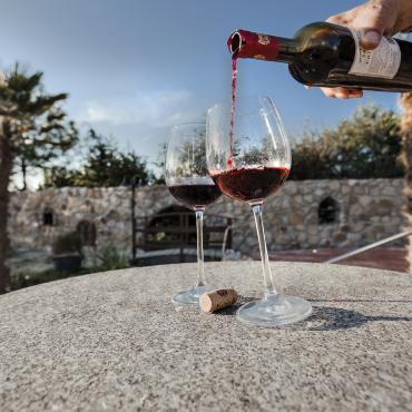 Das Bild zeigt eine Flasche Wein und ein Weinglas.