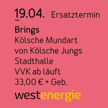 Das Bild zeigt die Kachel zur Veranstaltung von Brings am 19.04. in der Dattelner Stadthalle