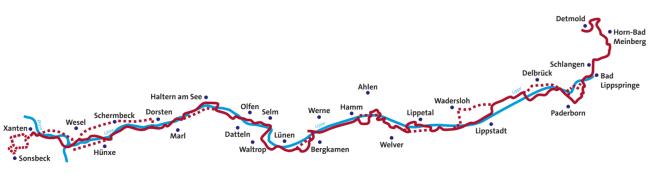 DAs Bild zeigt den Verlauf der Römer-Lippe-Route