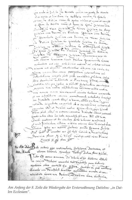 Das Bild zeigt eine Urkunde mit der Erwähnung von Datteln.