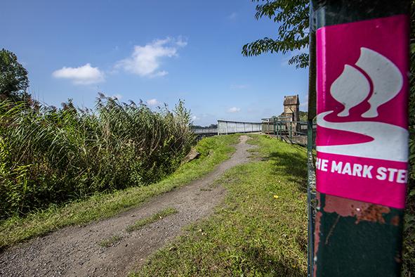 Das Bild zeigt einen Wanderweg mit Schild "Hohe Mark Steig"