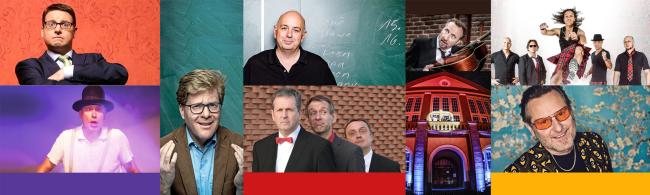 Das Bild zeigt verschiedene Künstler, die im Jahr 2023 im Kulturprogramm der Stadt Datteln auftreten: Herr Schröder, Kai Magnus Sting, Brings, Frank Goosen, Stefan Stoppok, die Kabarettgruppe STORNO, außerdem ist das illuminierte Rathaus zu sehen.