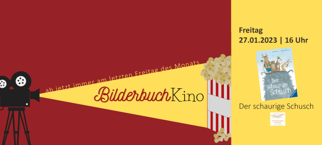 Das Bild zeigt einen Veranstaltungshinweise zum Bilderbuchkino in der Stadtbücherei