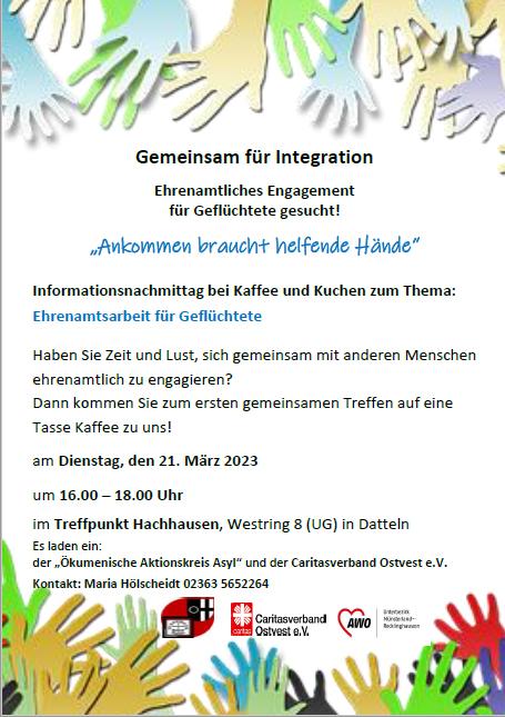 Das Bild zeigt den Infoflyer zur Veranstaltung "Ankommen braucht helfende Hände"