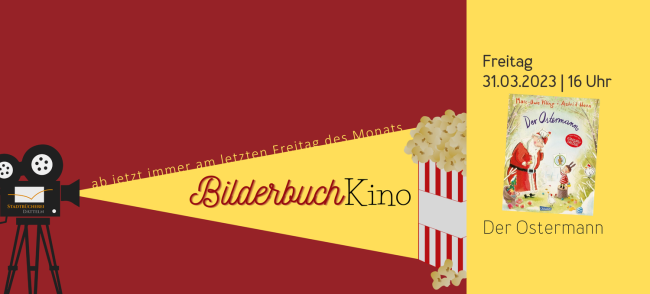 Das Bild zeigt einen Hinweis zum Bilderbuchkino mit dem Buch "Der Ostermann"