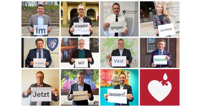 Das Bild zeigt die Bürgermeister des Kreises und den Landrat, die alle einen Zettel hochhalten, der zusammen den Satz ergibt: "Im Kampf gegen Blutkrebs halten wir Vest zusammen. Jetzt registrieren lassen"