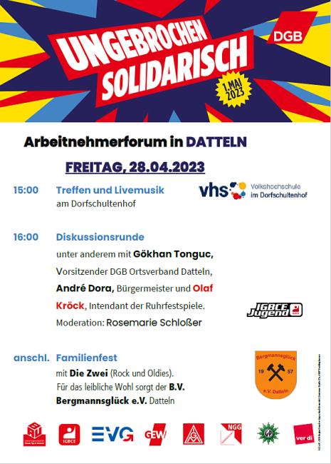 Plakat des DGB zum Arbeitnehmer*innenforum mit einem Schriftzug Ungebrochen Solidarisch und dem Datum 1. Mai 2023