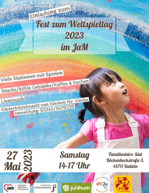 Flyer für das Spielefest im JaM, unter anderem ist ein Kind zu sehen.