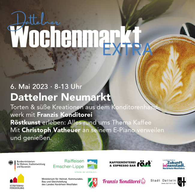 Kaffee und ein Stück Kuchen als Ankündigung für Wochenmarkt EXTRA.