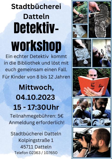 Plakat für den Detektivworkshop der Stadtbücherei