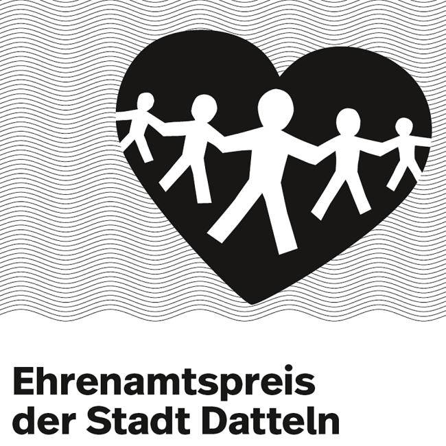 Logo des Ehrenamtspreis der Stadt Datteln, in einem herz sind fünf stilisierte Personen dargestellt, die sich an den Händen fassen; unter dem Herz sind angedeutete Wellen zu sehen. 