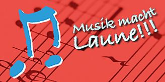 Zwei Noten, daneben der Spruch "Musik macht Laune!!!", darunter ein Notenblatt