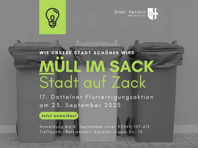 Im Hintergrund sind drei Mülltonnen zu sehen. Außerdem gibt es textliche Hinweise auf die KSD-Aktion "Müll im Sack - Stadt auf Zack"