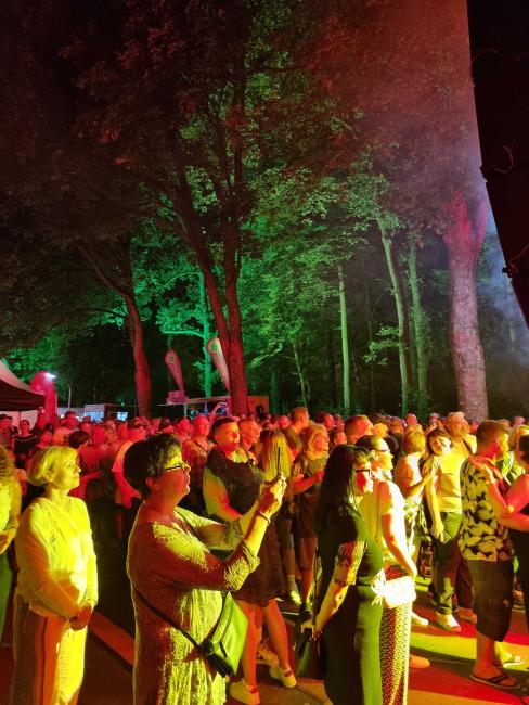 Besucher*innen und Besucher des Rathausfestes, die vor der Bühne am Rathaus der Musik lauschen