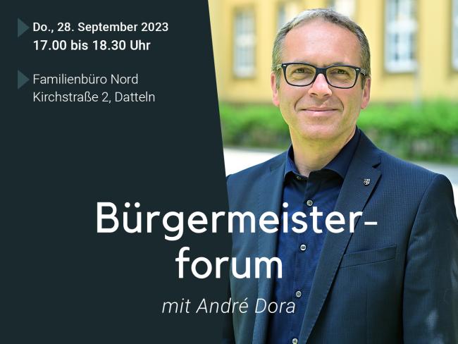 Bürgermeister André Dora, außerdem Daten und Uhrzeit und Datum für das Bürgermeisterforum, die auch im Text enthalten sind.