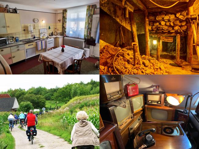 Ausschnitte aus drei Museum: 50er-Jahre-Museum, privates Radio- und Fernsehmuseum, Bunker-Bergbau-Museum, außerdem mehrere Radfahrende, die von Feldern umrahmt werden.