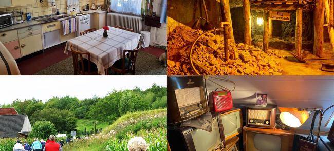 Collage mit Bildern aus dem 50er-Jahre-Museum, aus dem Bunker-Bergbau-Museum, mit Menschen auf Radtour und aus dem privaten Radio- und Fernsehmuseum