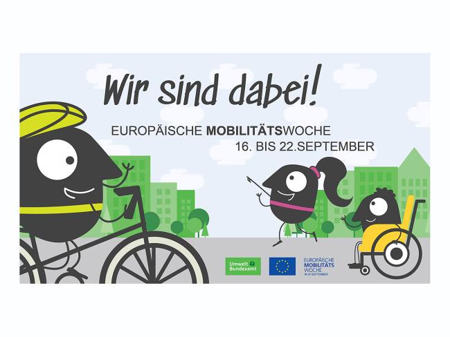 3 Figuren, die Menschen darstellen sollen, sitzen auf dem Fahrrad, im Rollstuhl oder laufen vor Häusern im Hintergrund. Die Darstellung ist gemalt.