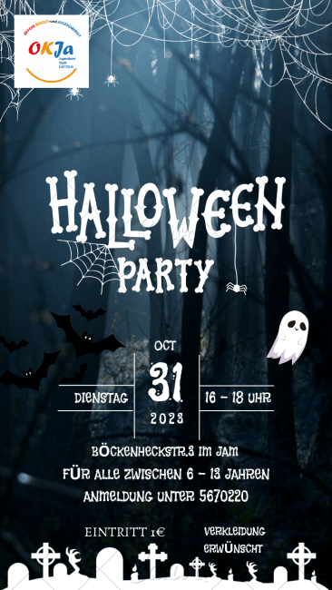 Im Hintergrund Bäume, rechts ein stilisiertes Gespenst und Spinnweben, das Bild wirkt sehr düster. In Großbuchstaben steht dort "Halloween-Party".