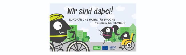 3 Figuren, die Menschen darstellen sollen, sitzen auf dem Fahrrad, im Rollstuhl oder laufen vor Häusern im Hintergrund. Die Darstellung ist gemalt.